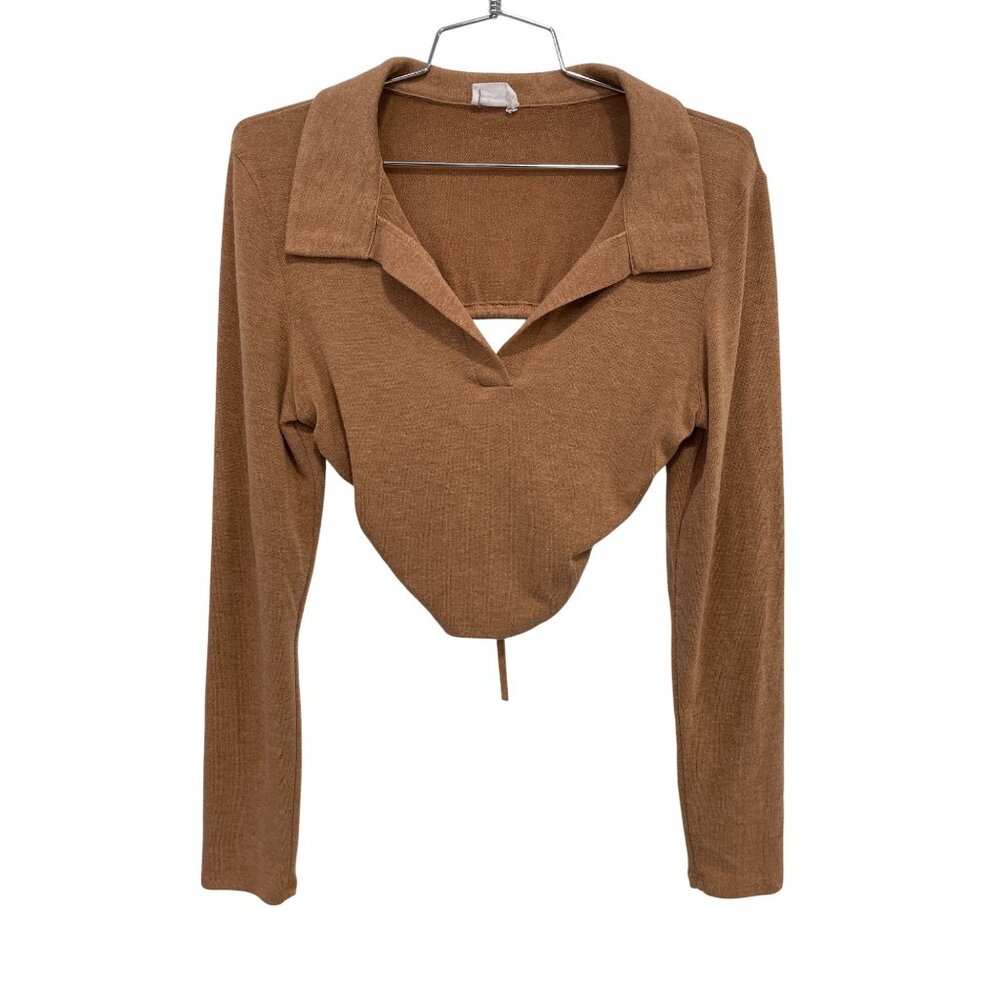 Le Lis Collection Crop Top Size Medium Cutout Back Long Sleeve Tan Knit Neutral